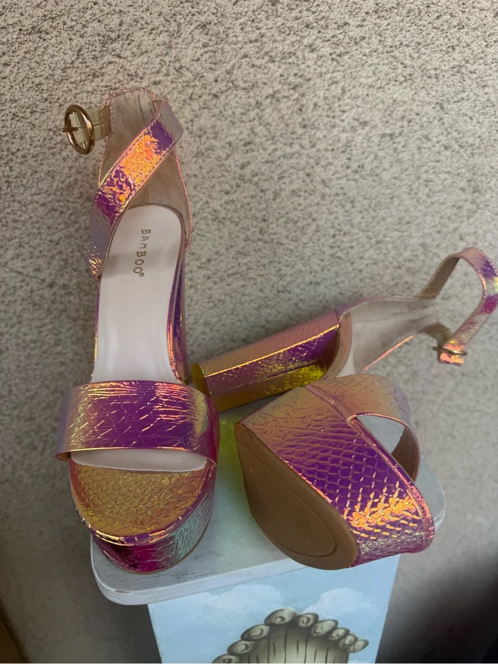 BAMBOO Iridescent Pink-Purple Platform Ankle Strap Sandals